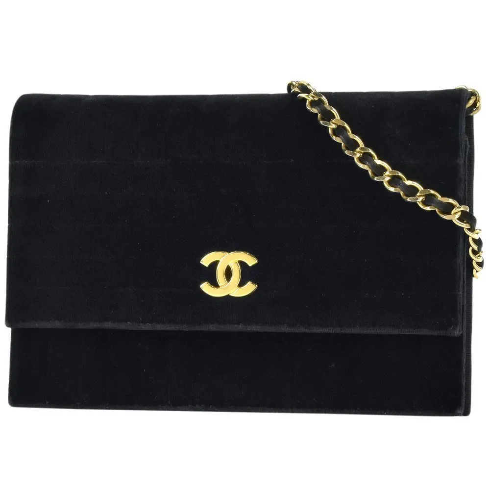 Chanel Chain Shoulder Push Lock Fabric Black CC Shoulder Bag